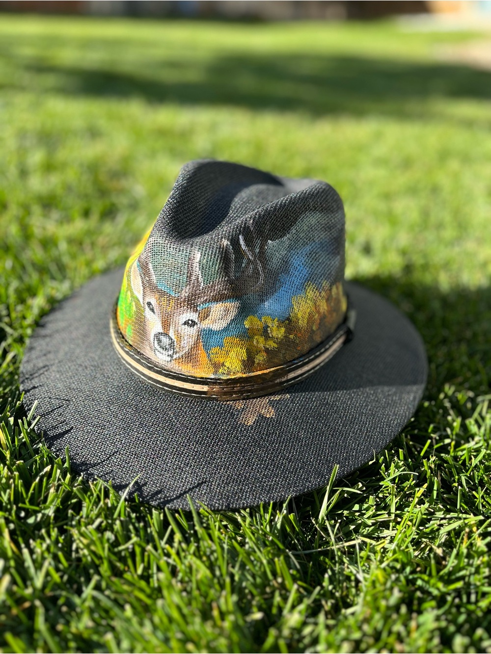 Unisex Hand-Painted Black Fedora Hat with Deer Motif